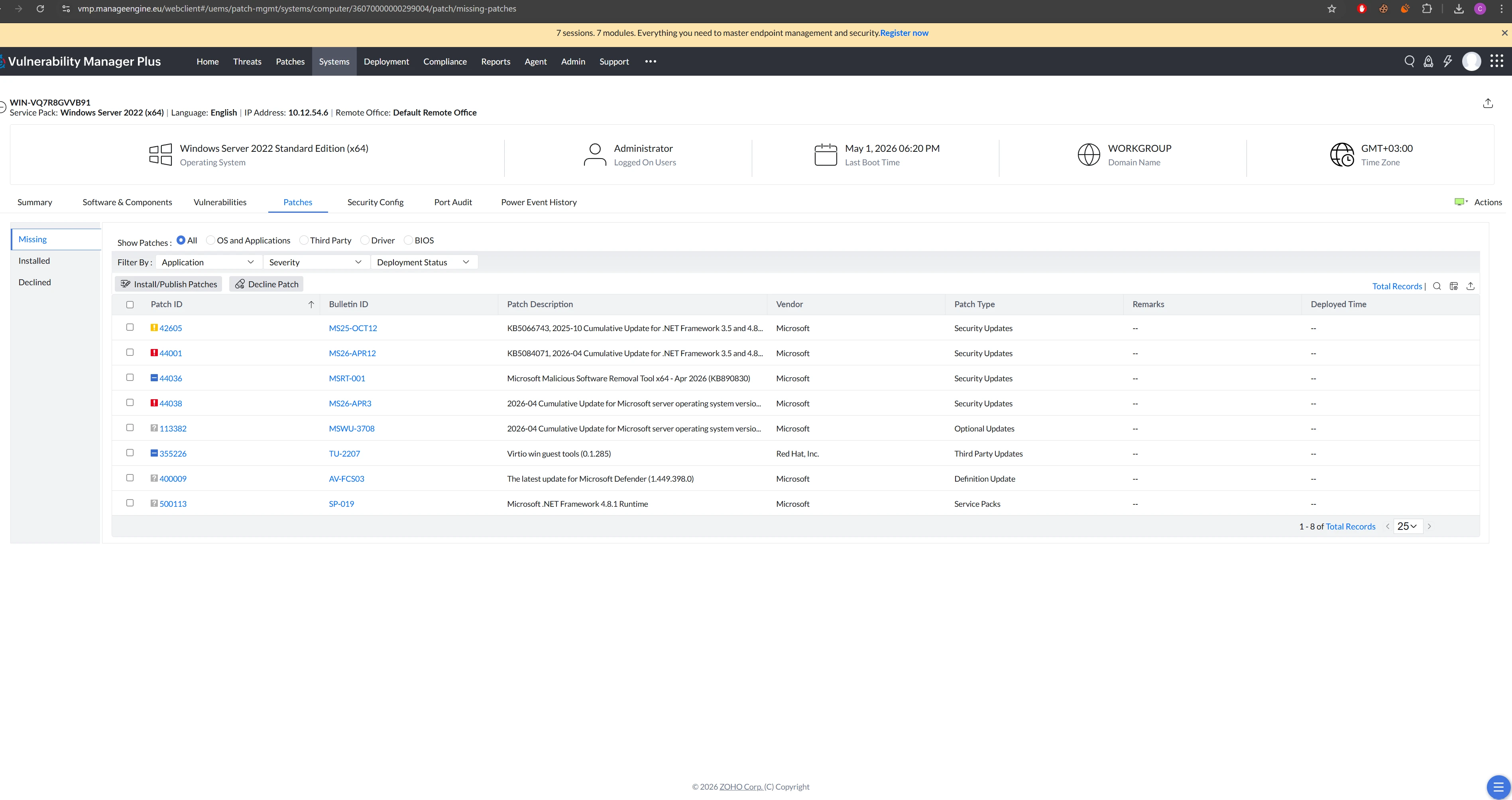 Patches > Missing: 8 patches across Security Updates and Definition Update categories