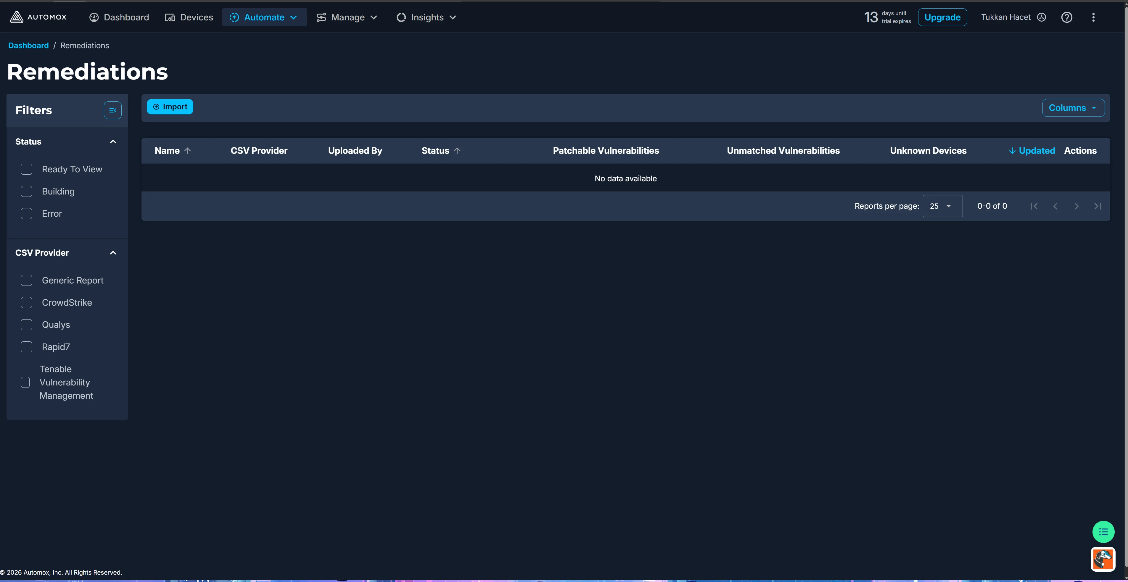 Remediations: Import button, CSV Provider filter listing CrowdStrike / Qualys / Rapid7 / Tenable / Generic Report, "No data available" table with Patchable Vulnerabilities / Unmatched Vulnerabilities / Unknown Devices columns