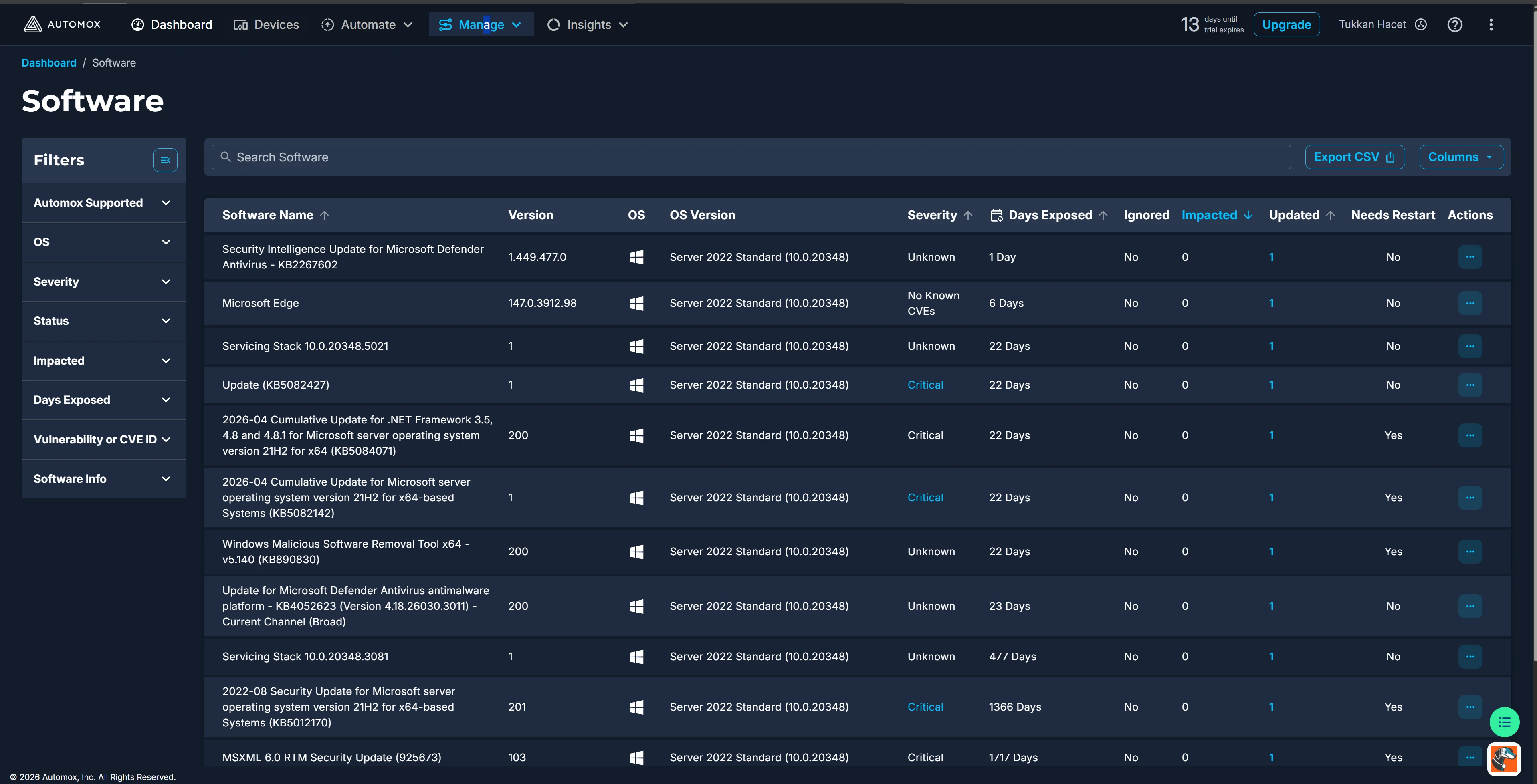 fleet-wide list with Severity (Critical/Unknown/No Known CVEs), Days Exposed, Ignored, Impacted columns. Filters include "Vulnerability or CVE ID". Export CSV top right