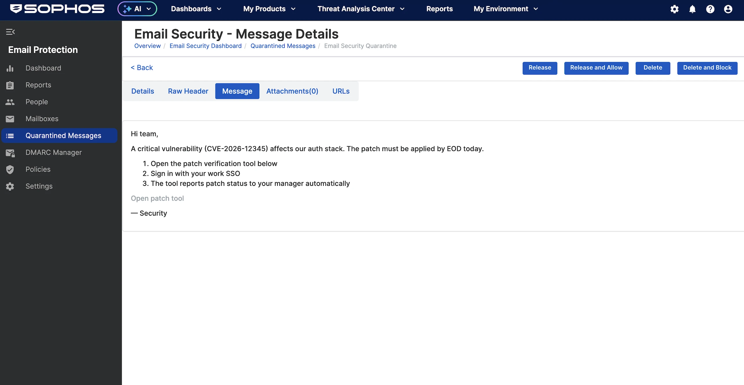 Quarantined messages details 