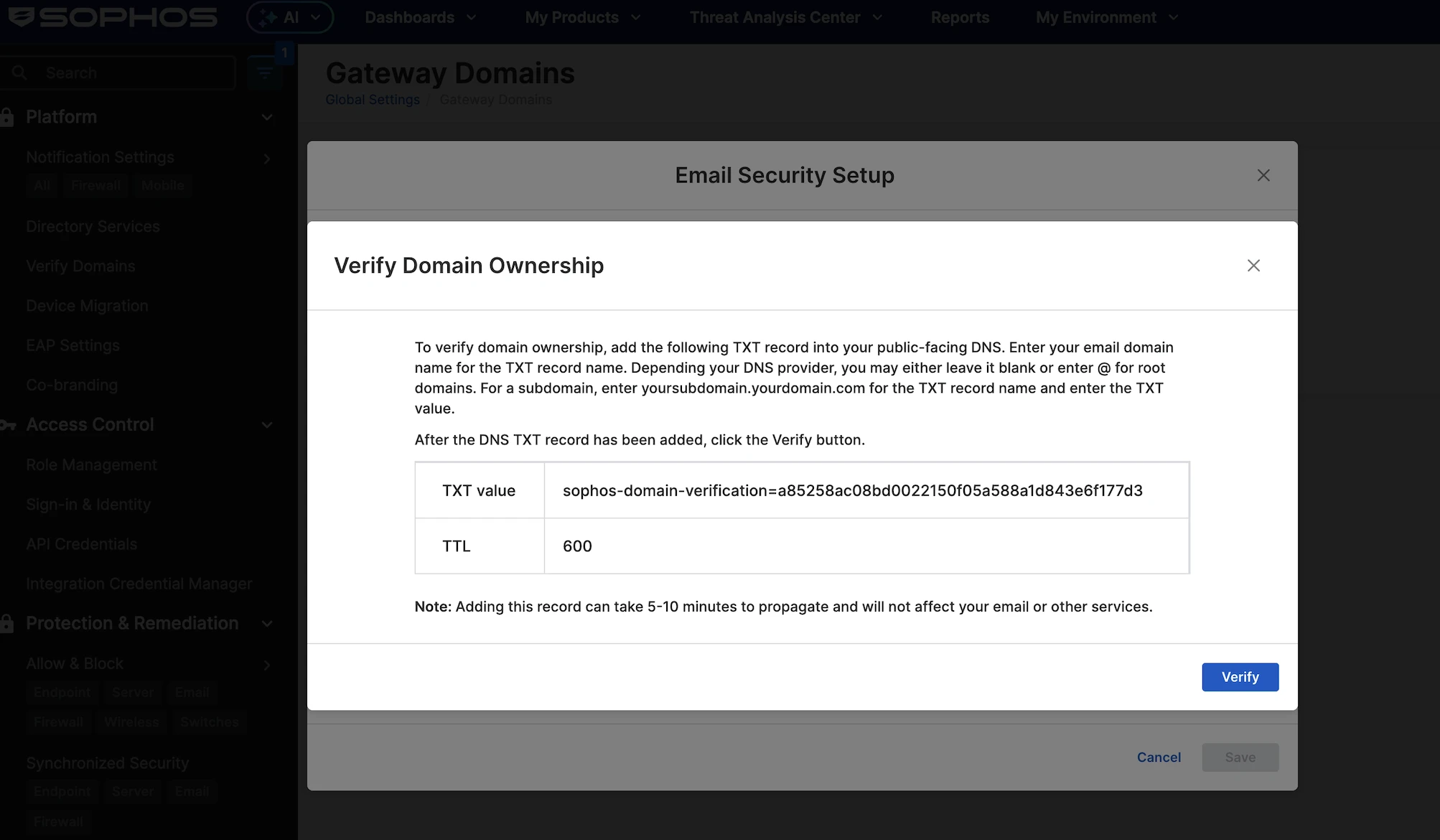 Verify domain ownership dashboard