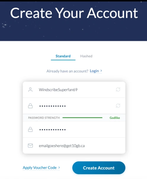 account creation screen of windscribe, a VPN service in our vpn benchmark