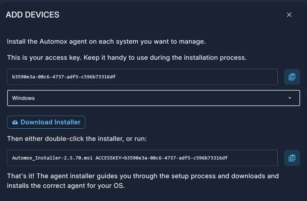 Modal Añadir dispositivos: clave de acceso mostrada, Windows seleccionado, Descargar instalador Modal Añadir dispositivos: clave de acceso mostrada, Windows seleccionado, Descargar instalador