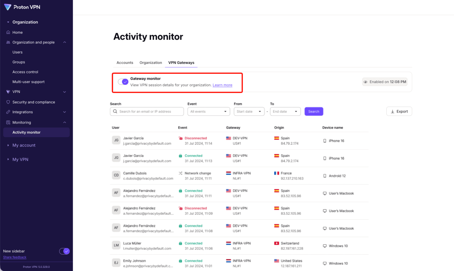 activity monitor of Proton VPN, a VPN service in our vpn benchmark