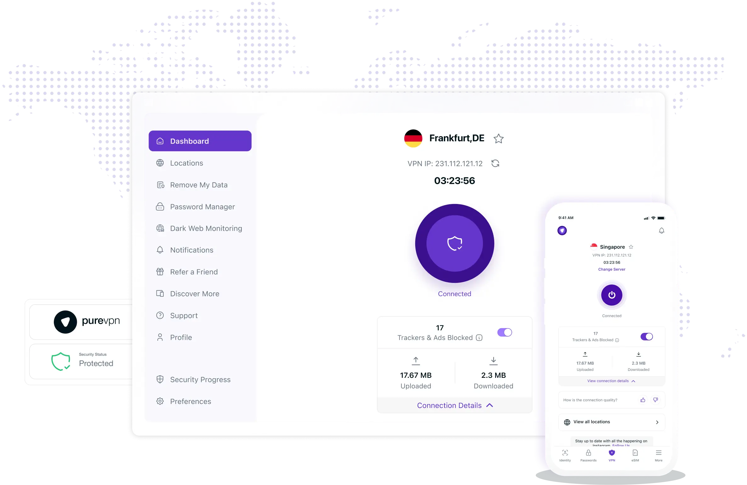 dashboard of Pure VPN, a VPN service in our vpn benchmark