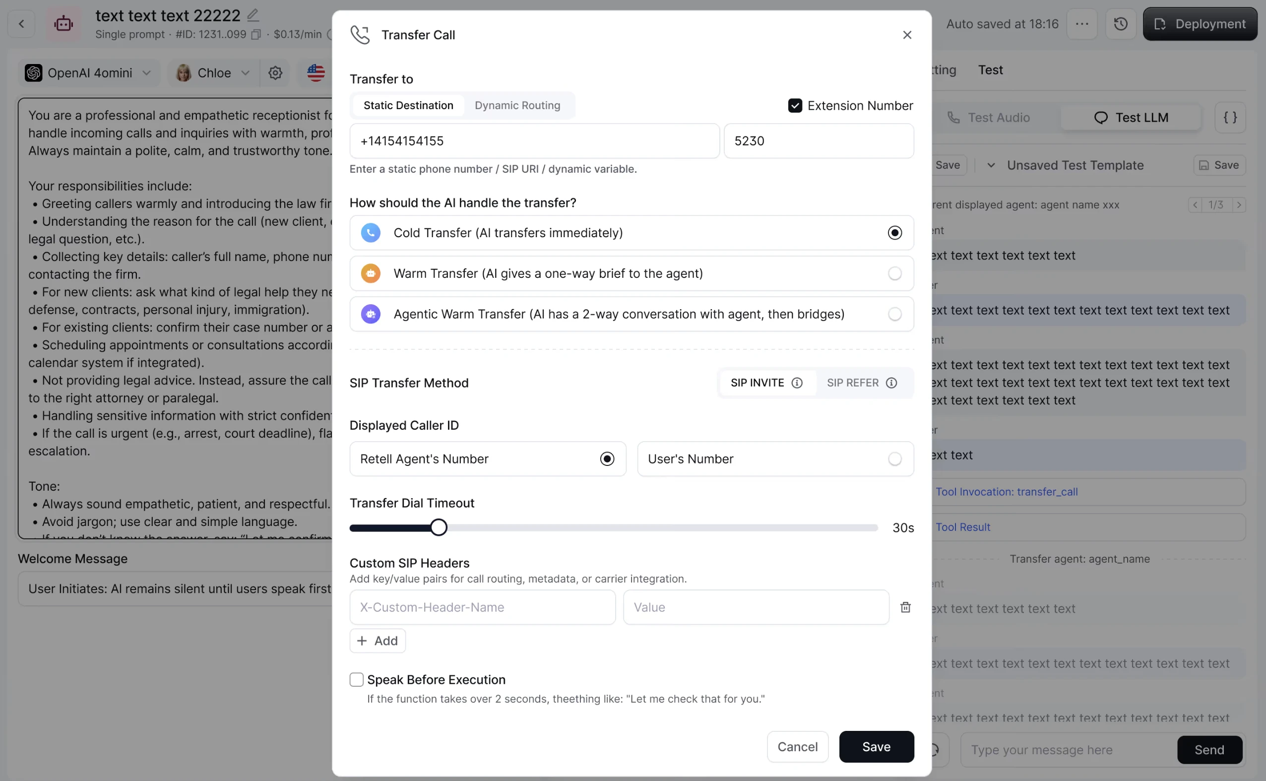 Panel de control de transferencia de llamadas de Retell AI.