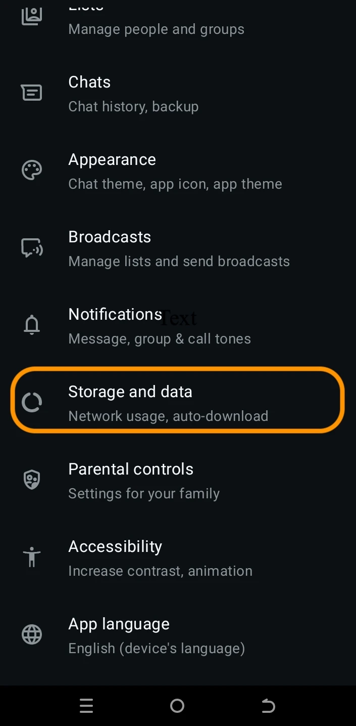 Menu des paramètres Android de WhatsApp