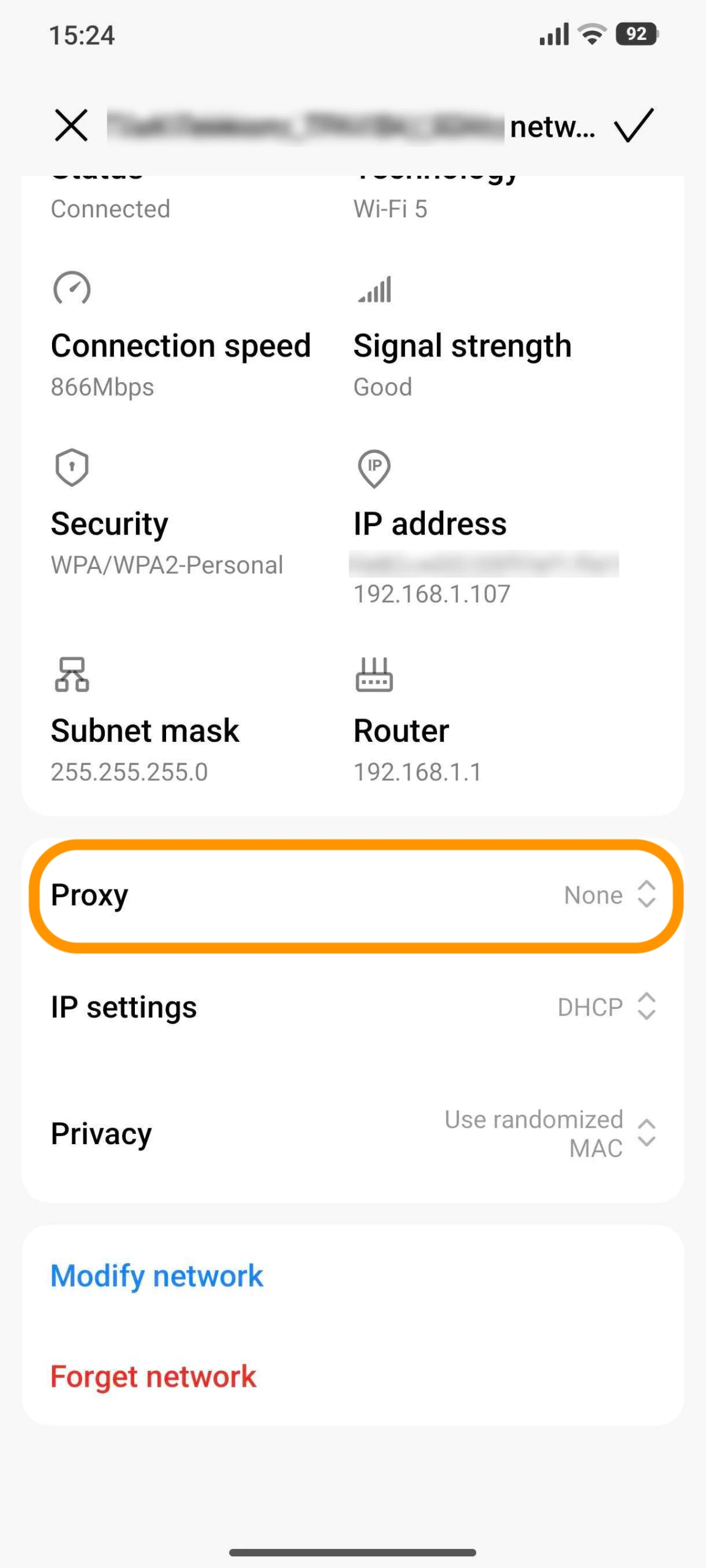Wi-Fi network details with the Proxy row, set to None, highlighted. Wi-Fi network details with the Proxy row, set to None, highlighted.