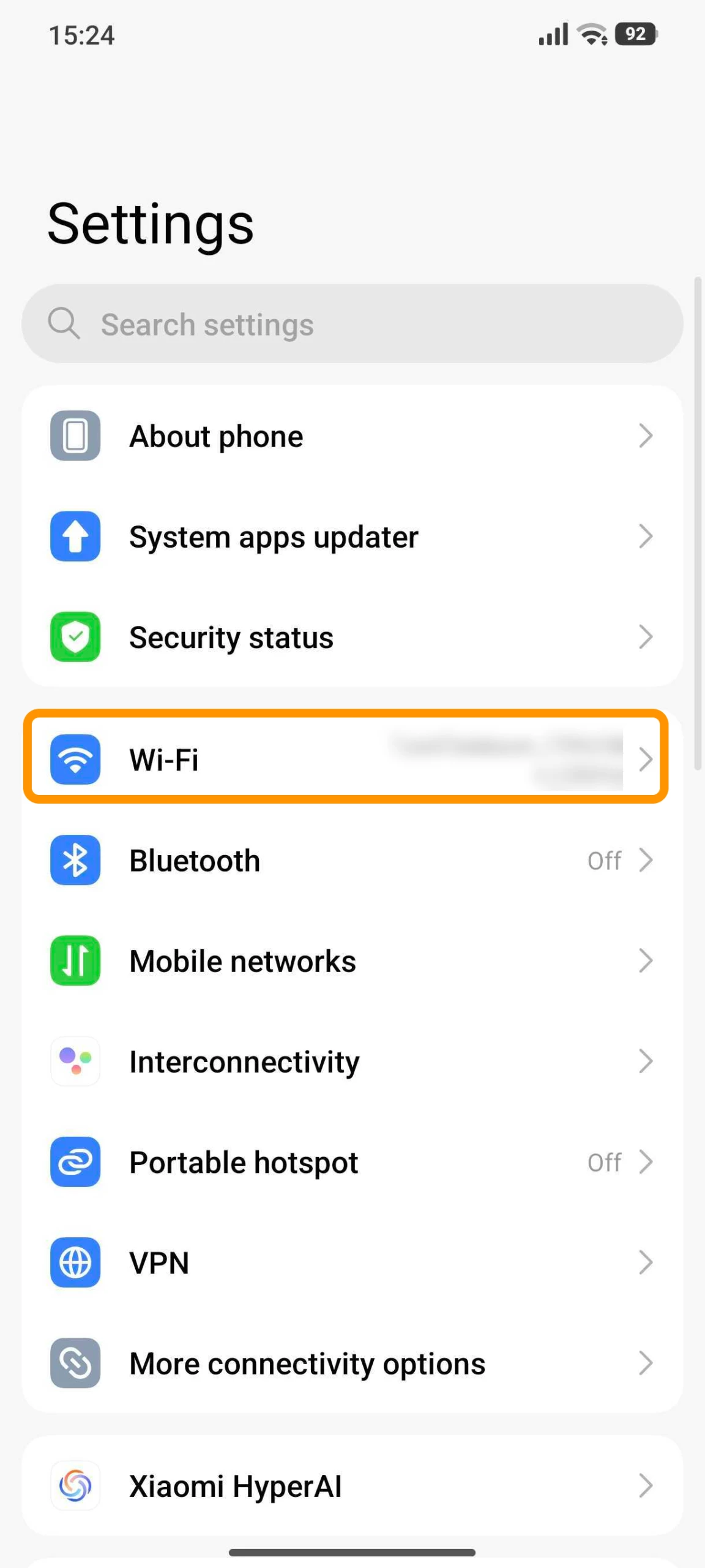 Android Settings menu with Wi-Fi highlighted, the first step to reaching proxy settings.
Android Settings menu with Wi-Fi highlighted, the first step to reaching proxy settings.