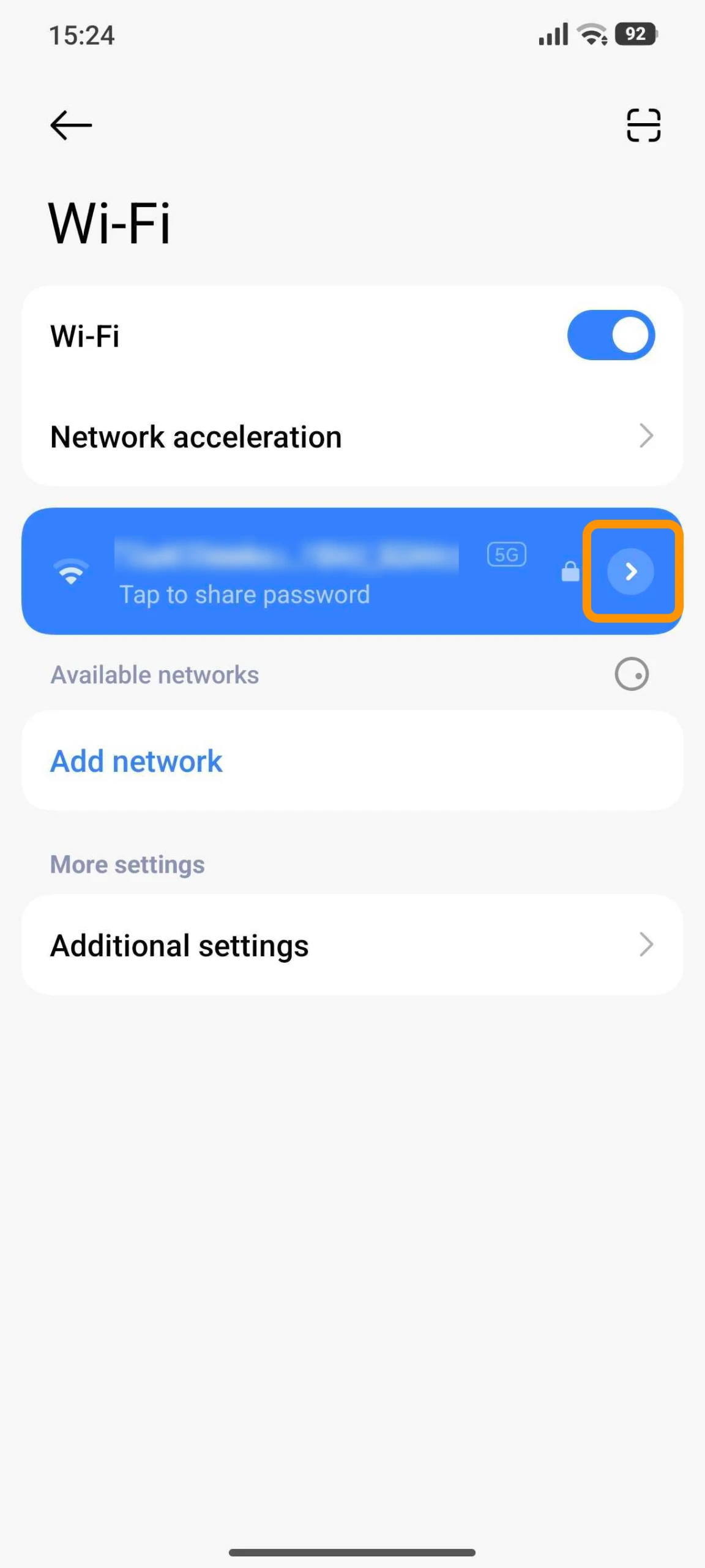 Android Wi-Fi screen with the arrow next to the connected network highlighted. Android Wi-Fi screen with the arrow next to the connected network highlighted.