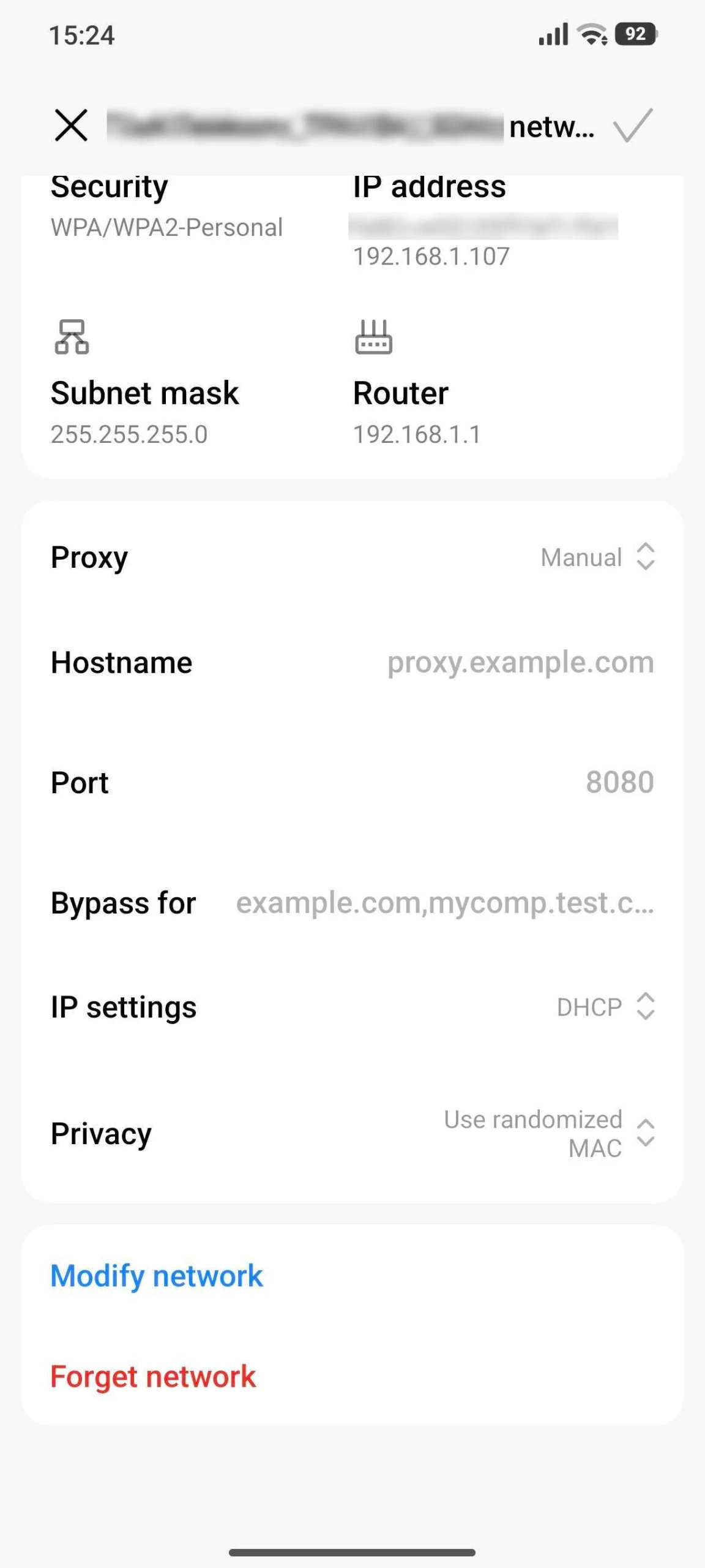 Proxy set to Manual, showing empty Hostname, Port, and Bypass for fields. Proxy set to Manual, showing empty Hostname, Port, and Bypass for fields.