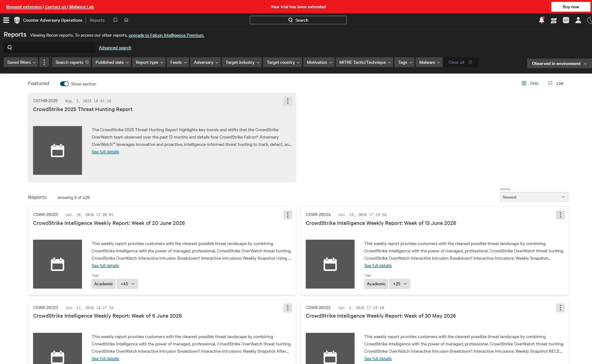 CrowdStrike Falcon finished recon reports