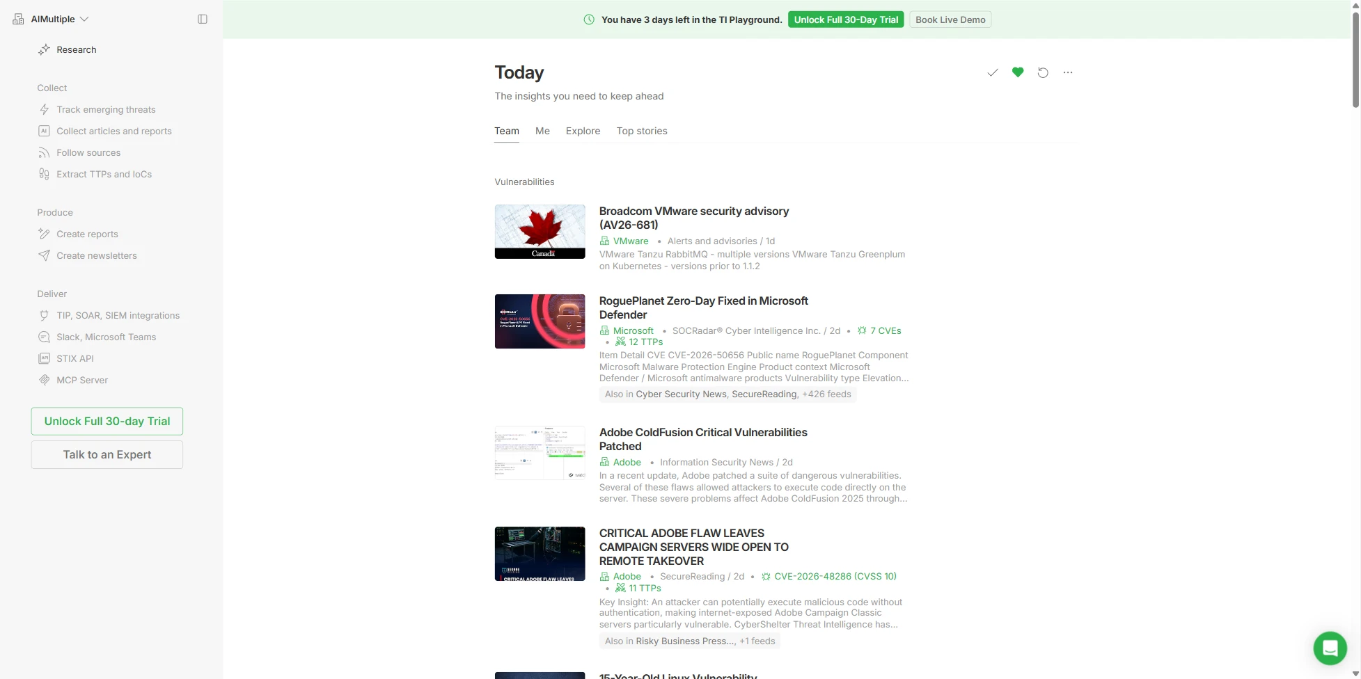 workspace of Feedly Threat Intelligence, one of the cyber threat intelligence services