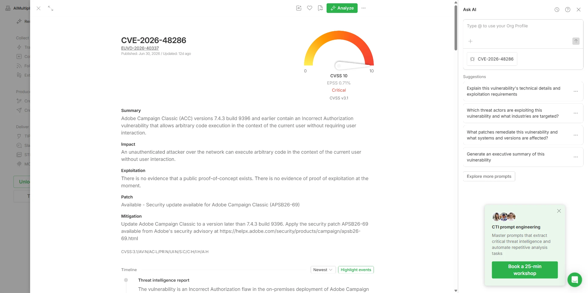 CVE Item Detail of Feedly Threat Intelligence, one of the cyber threat intelligence services
