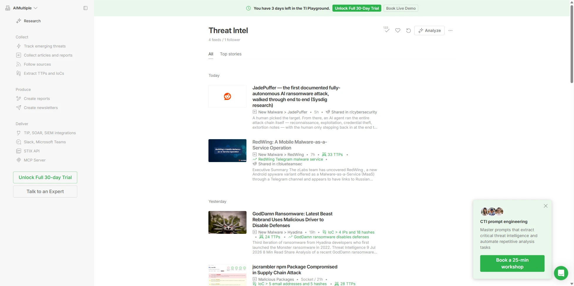 Threat Intel board of Feedly Threat Intelligence, one of the cyber threat intelligence services