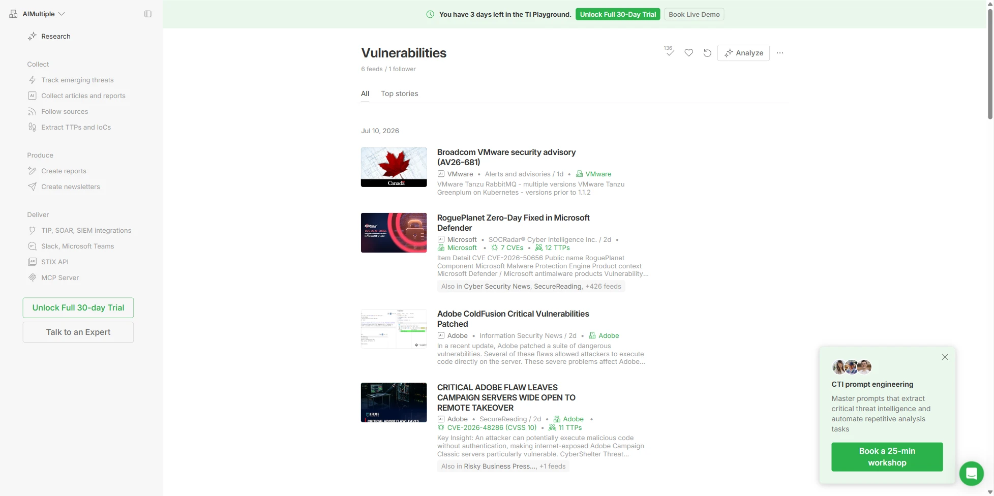 Vulnerabilities board of Feedly Threat Intelligence, one of the cyber threat intelligence services