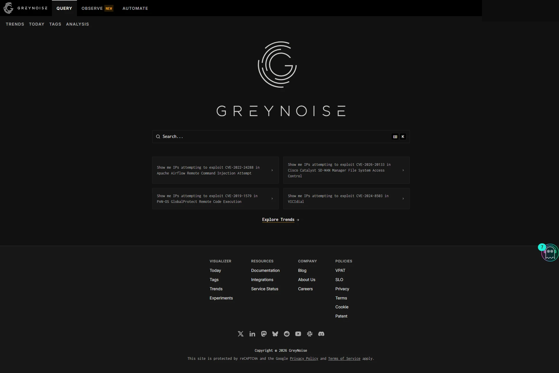 Landing dashboard of GreyNoise, one of the cyber threat intelligence services
