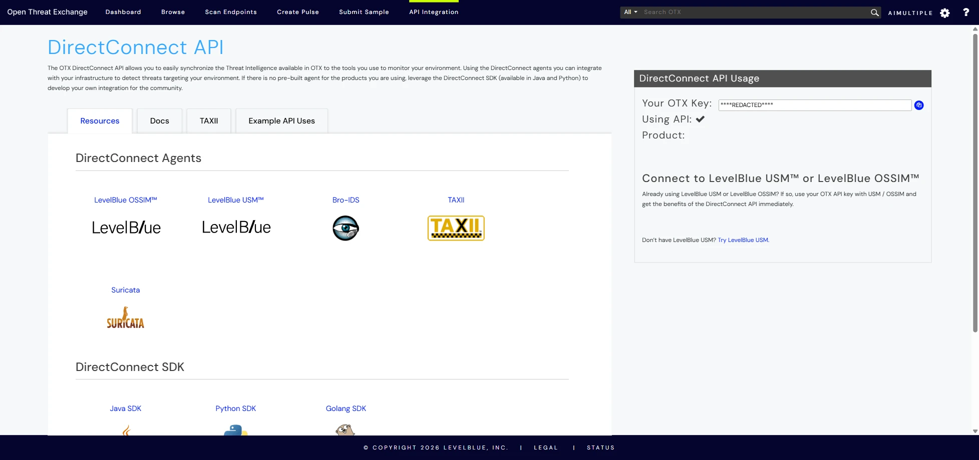 DirectConnect API of AlienVault OTX, one of the cyber threat intelligence services