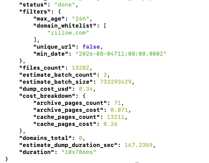 Bright Data returned 13,282 records for a single 24-hour window. The 24-hour zillow.com query returned in 10.8 seconds.