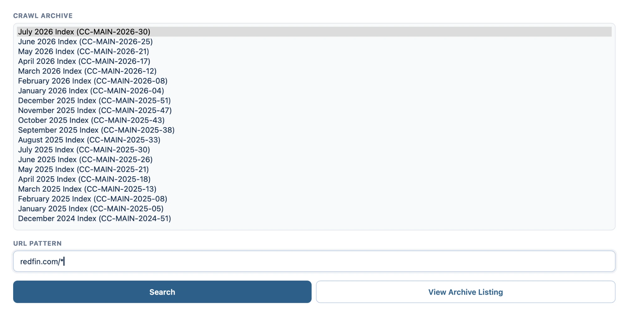 The CDX interface asks for two things: which monthly crawl to search, from a list running back to 2008, and a URL pattern.