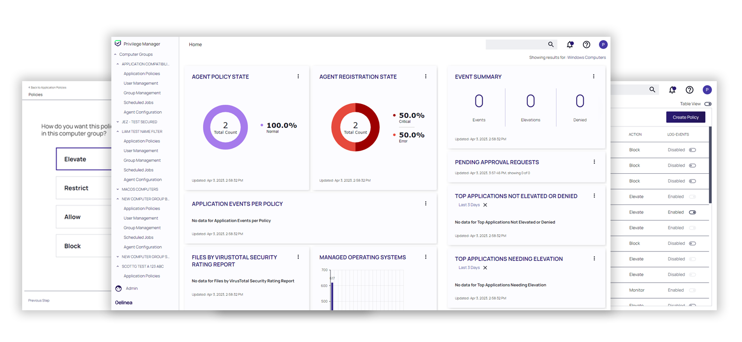Dashboard von Delinea Privilege Manager, einer Lösung für Endpoint-Privilegienverwaltung