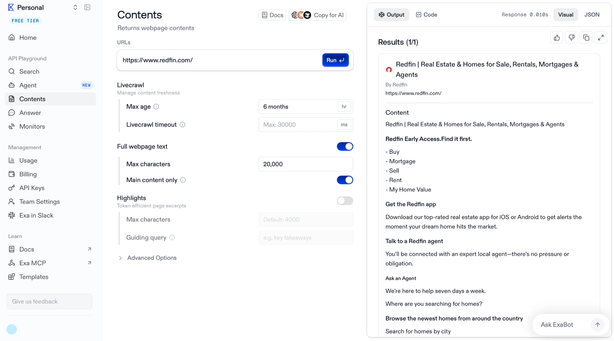 Two other defaults are visible in the same screen. Content is capped at 20,000 characters, and "main content only" is on, so navigation and boilerplate are removed by Exa's own logic rather than yours.