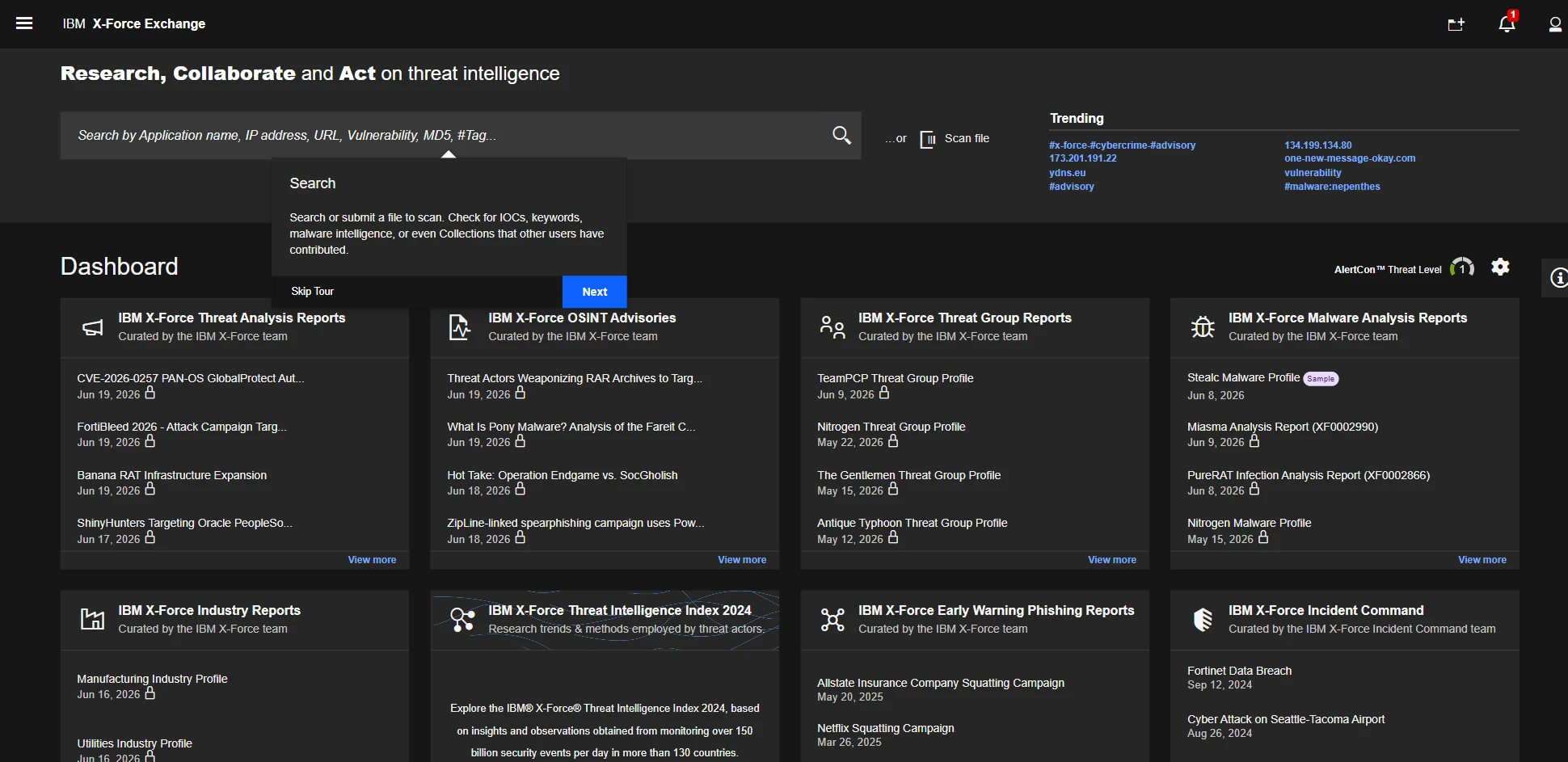 dashboard of IBM X-Force Exchange, one of the cyber threat intelligence services
