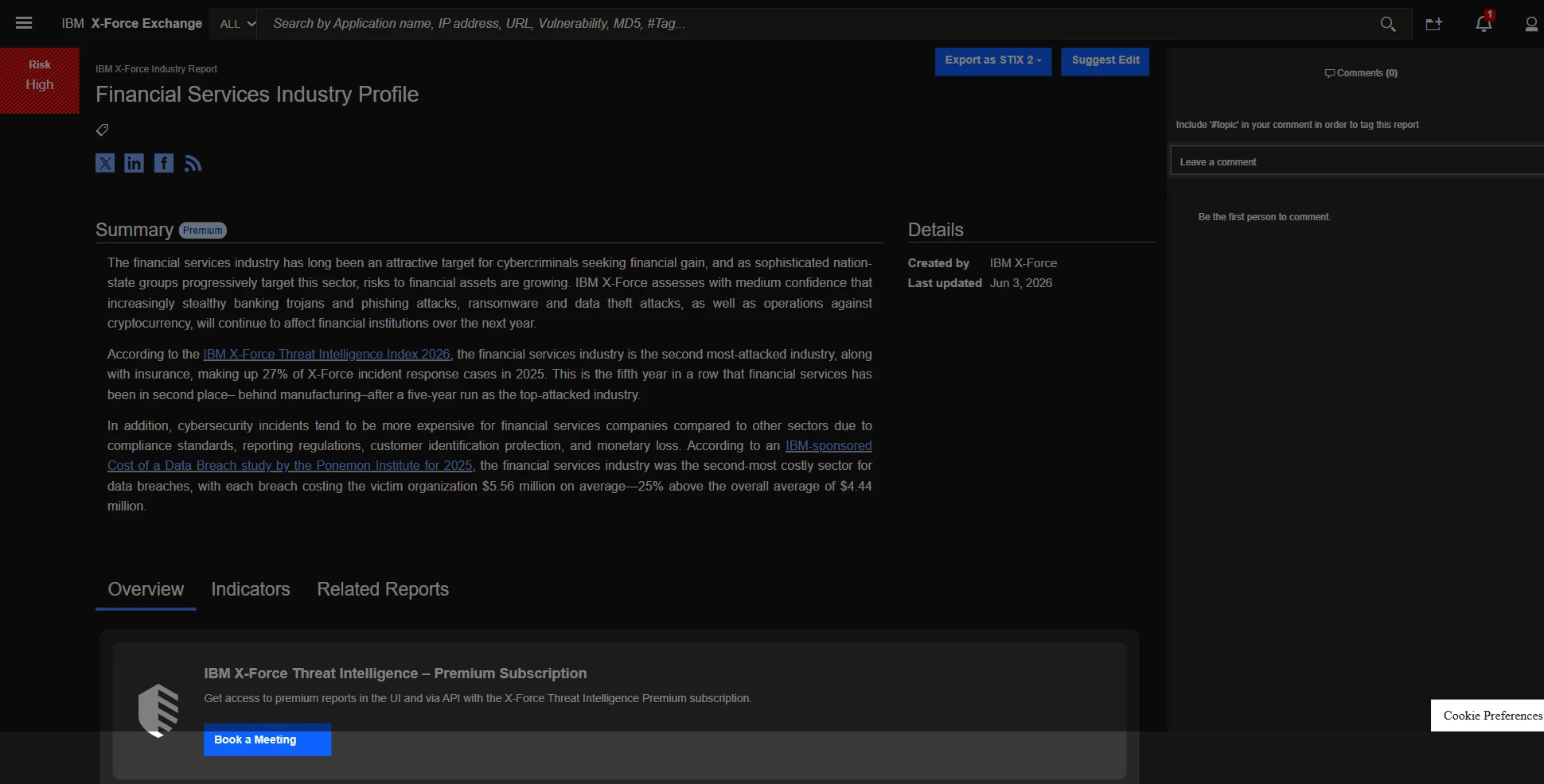 Financial Services industry profile report of IBM X-Force Exchange, one of the cyber threat intelligence services