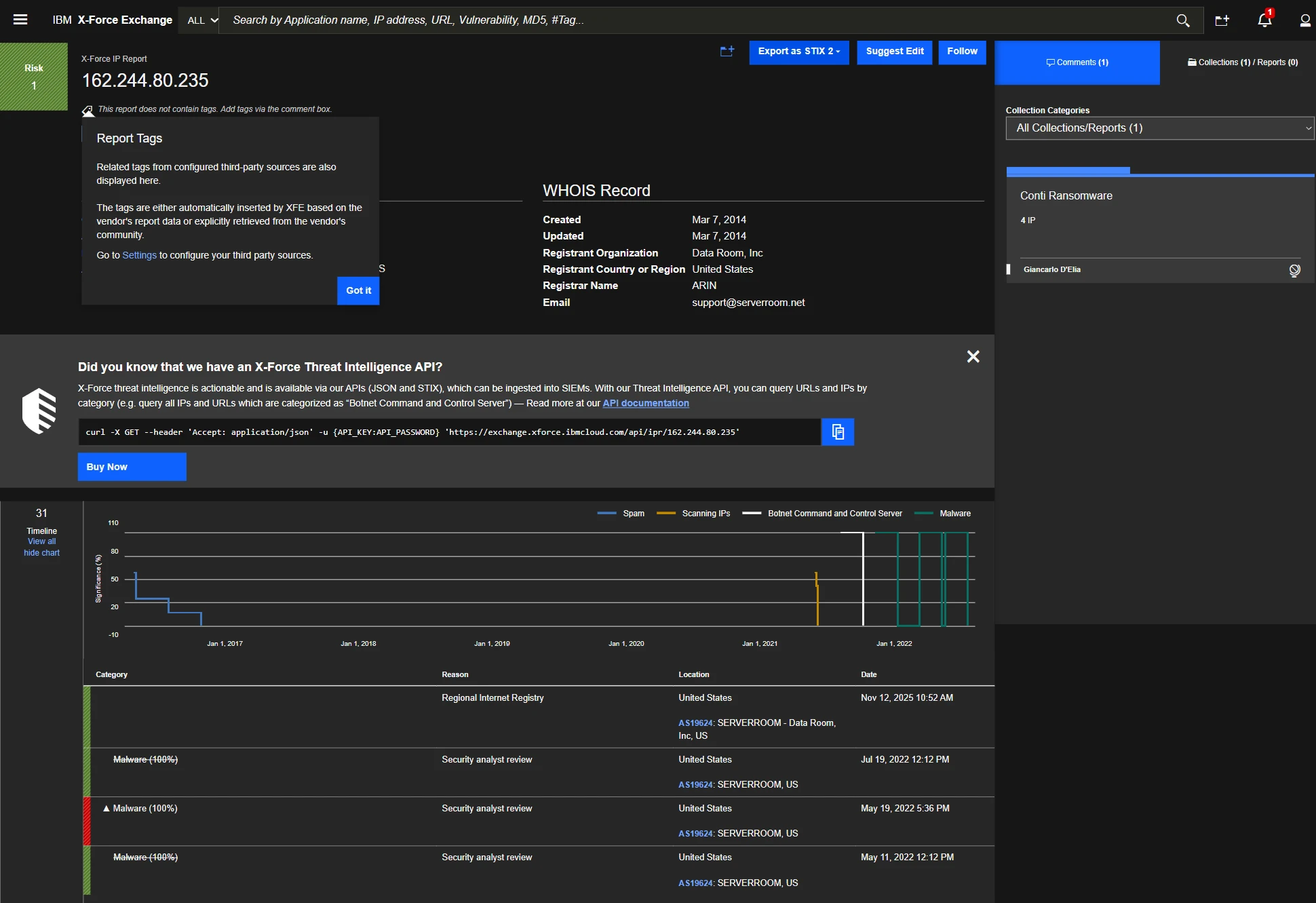 Conti C2 IP of IBM X-Force Exchange, one of the cyber threat intelligence services