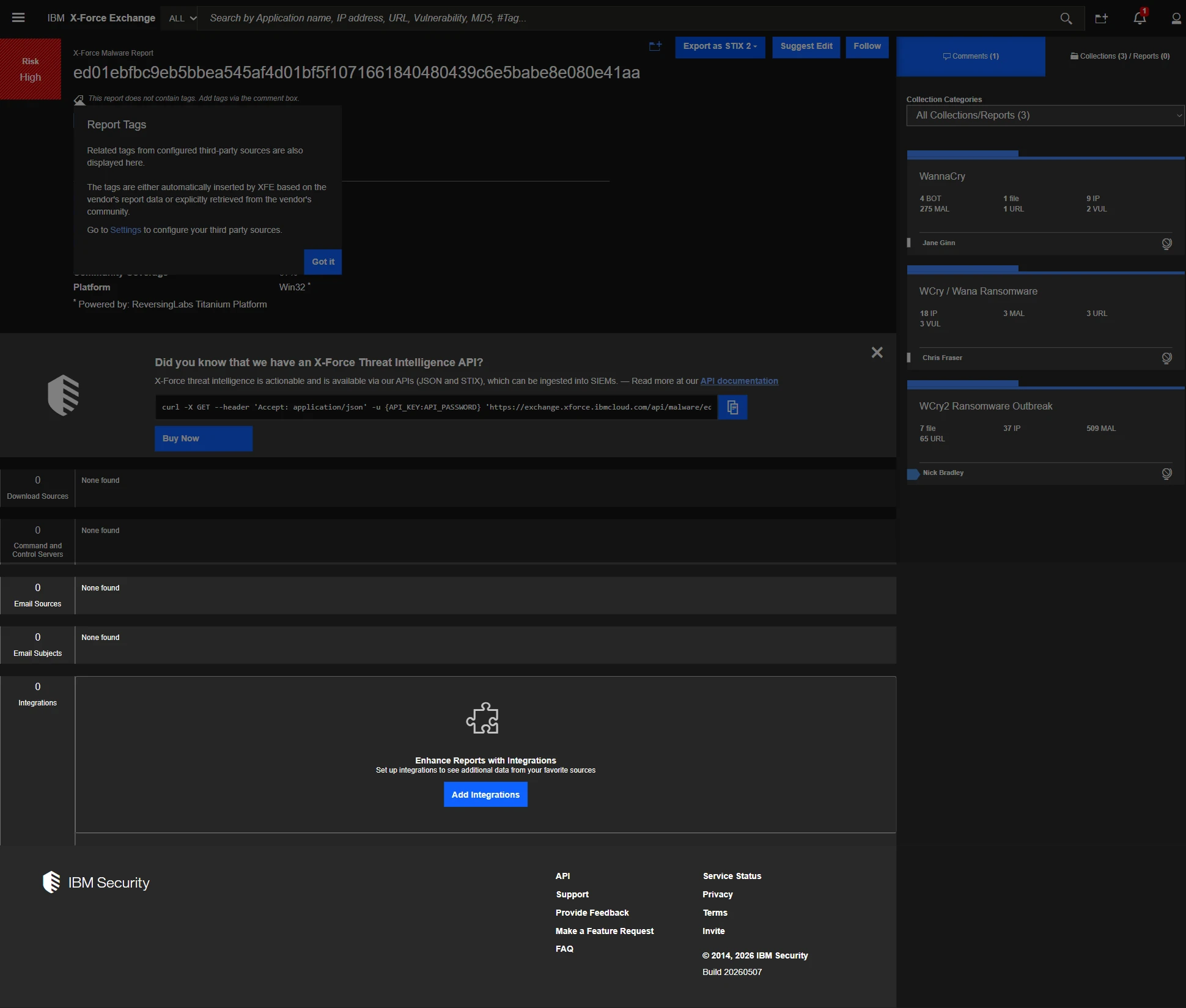 WannaCry malware report in IBM X-Force Exchange, one of the cyber threat intelligence services