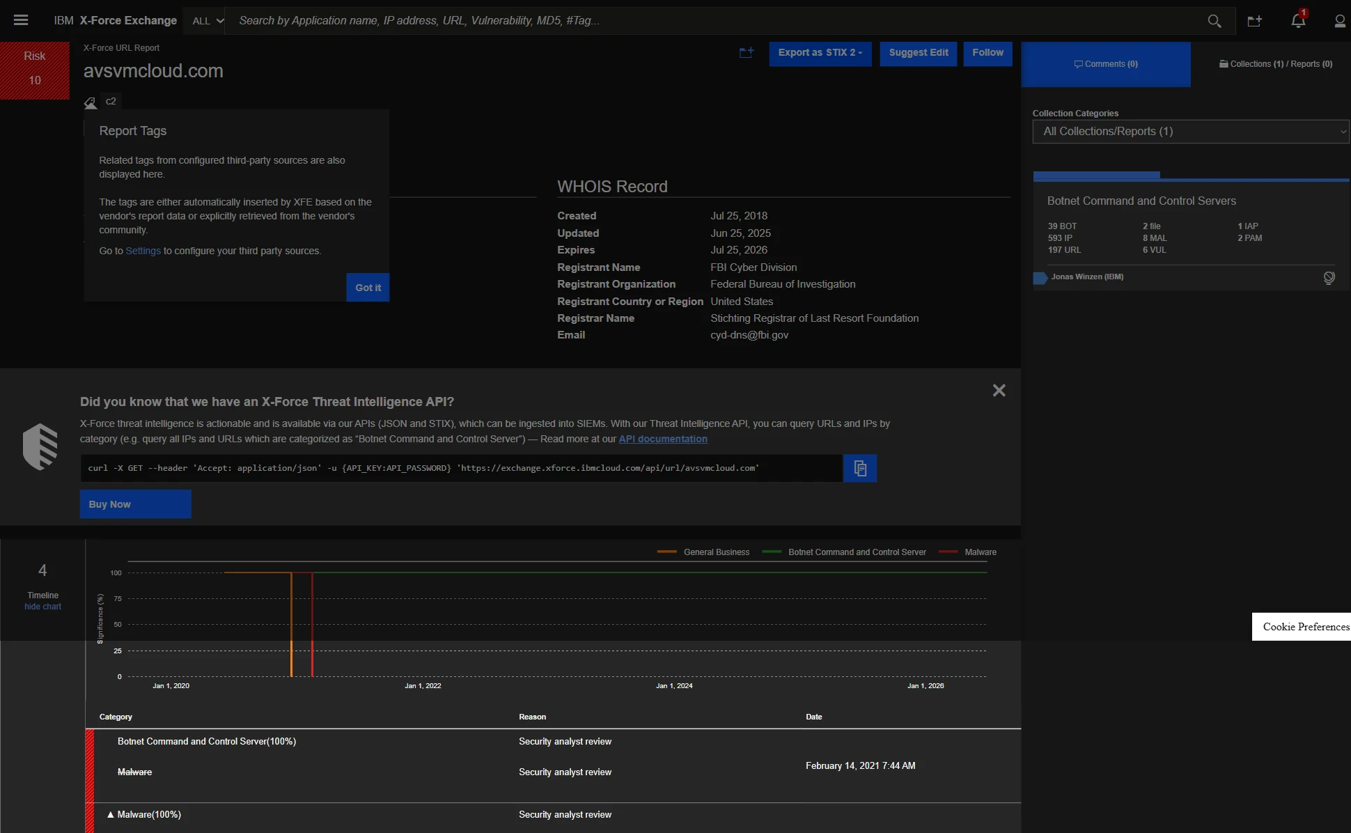 sunburst url search with IBM X-Force Exchange, one of the cyber threat intelligence services