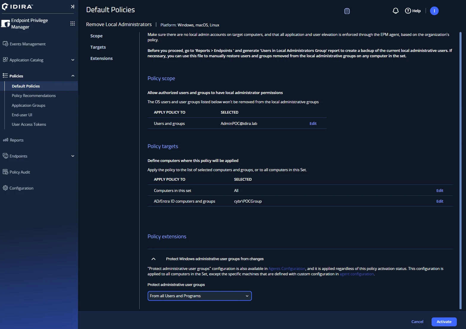 Dashboard von Idira Endpoint Privilege Manager, einer Lösung für Endpoint-Privilegienverwaltung