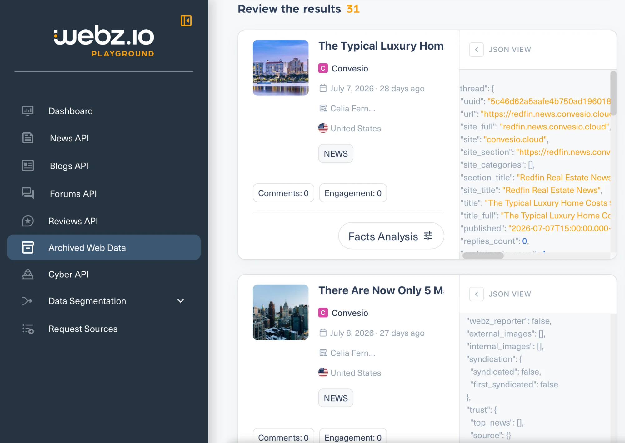 Each result carries the full text alongside entities, sentiment, social, categories, language, domain_rank, country and a syndication object that records whether the same story appeared elsewhere.